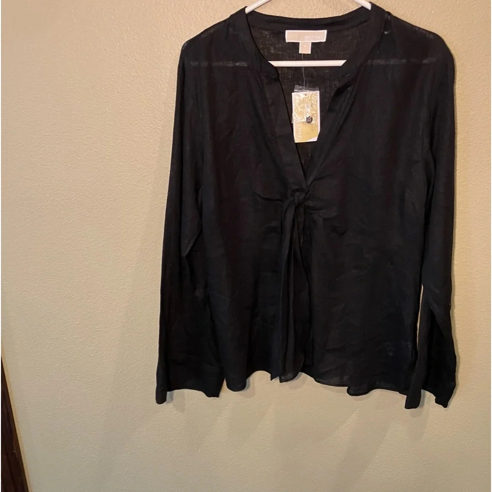 NWT MICHAEL Michael Kors Solid Long Sleeve Tie Blouse, Linen Blend, Black,Medium